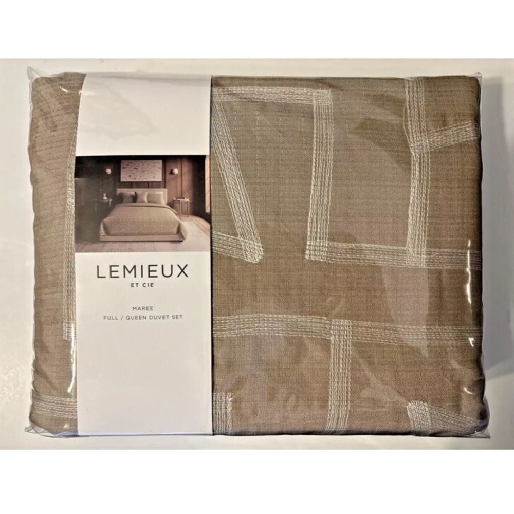 NEW Lemieux Et Cie Mareé Taupe Embroidered Linen/Bamboo Queen Duvet Set‎